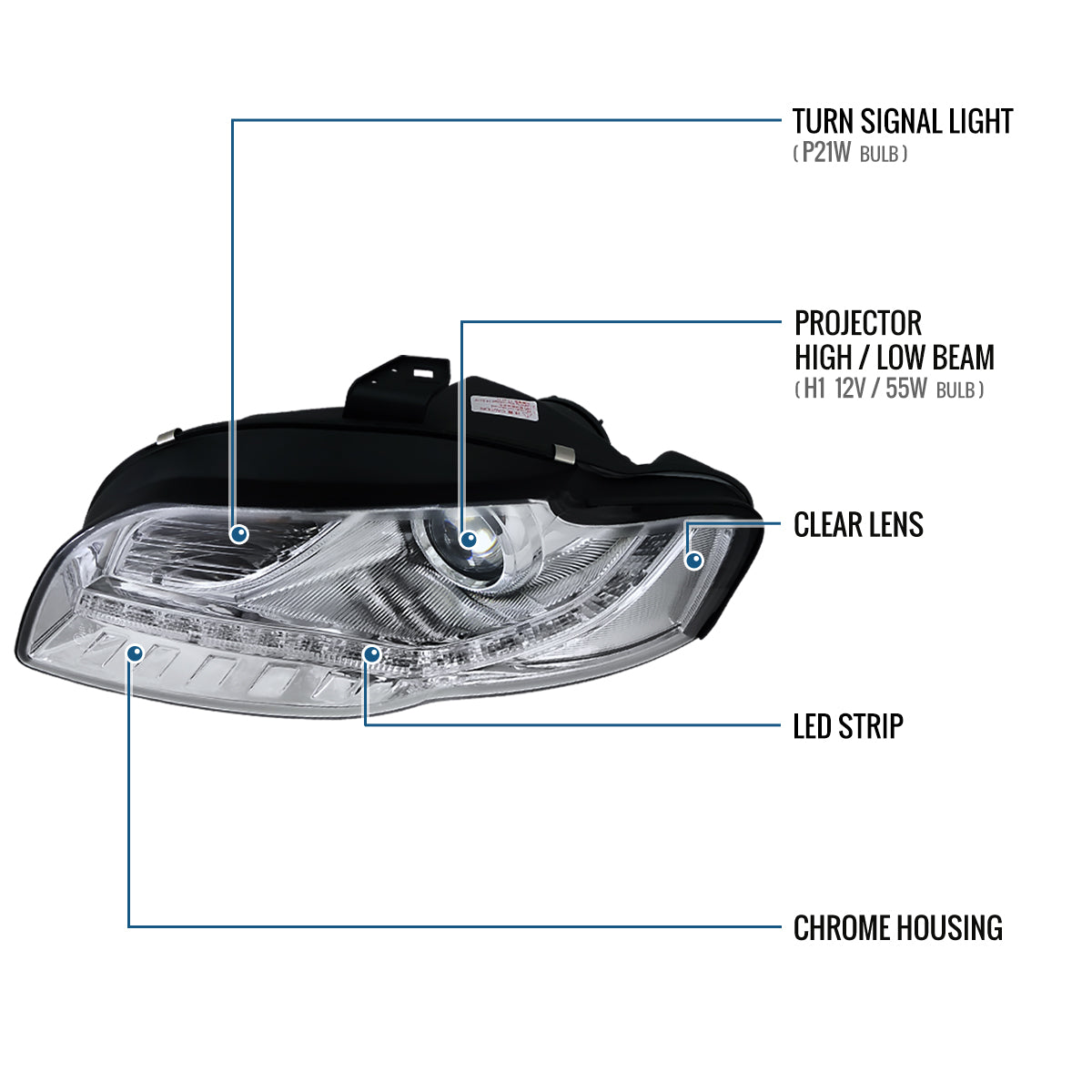 Ronnin - Se adapta a Audi A4 2006-2008 Mejora de repuesto Luces de circulación diurna LED Proyector Faros delanteros halógenos Ensamblaje Par | Cromo