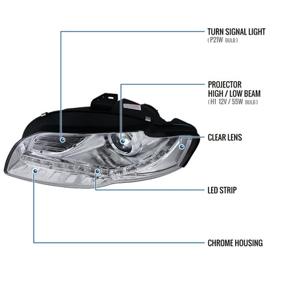 Ronnin - Se adapta a Audi A4 2006-2008 Mejora de repuesto Luces de circulación diurna LED Proyector Faros delanteros halógenos Ensamblaje Par | Cromo
