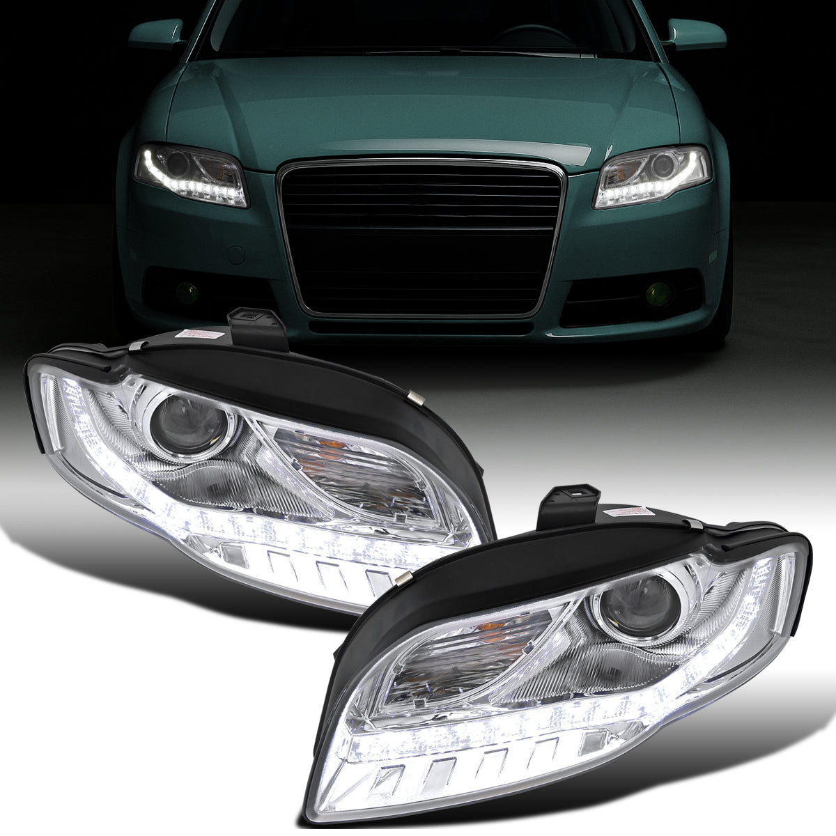 Ronnin - Se adapta a Audi A4 2006-2008 Mejora de repuesto Luces de circulación diurna LED Proyector Faros delanteros halógenos Ensamblaje Par | Cromo