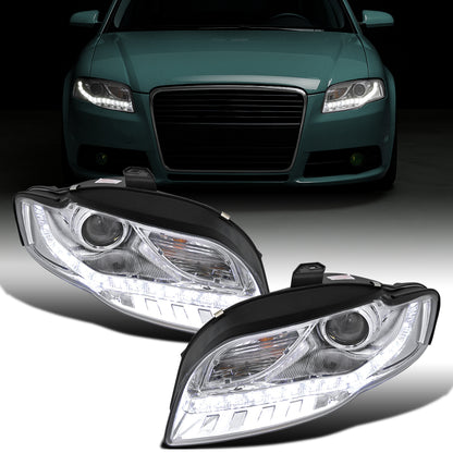 Ronnin - Se adapta a Audi A4 2006-2008 Mejora de repuesto Luces de circulación diurna LED Proyector Faros delanteros halógenos Ensamblaje Par | Cromo