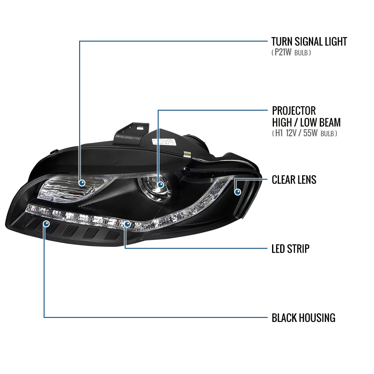 Ronnin - Compatible con Audi A4 2006-2008 Actualización de luces LED diurnas de repuesto Conjunto de faros delanteros halógenos con proyector | Negro