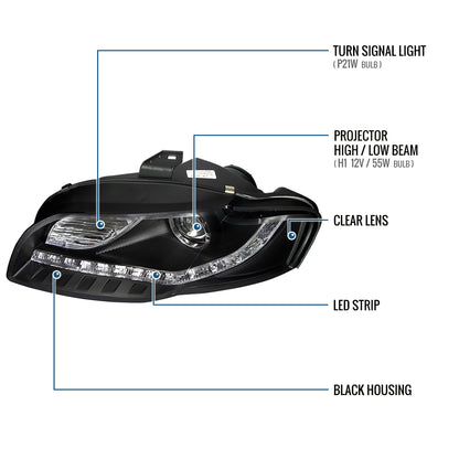 Ronnin - Compatible con Audi A4 2006-2008 Actualización de luces LED diurnas de repuesto Conjunto de faros delanteros halógenos con proyector | Negro
