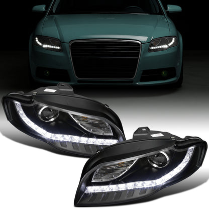 Ronnin - Compatible con Audi A4 2006-2008 Actualización de luces LED diurnas de repuesto Conjunto de faros delanteros halógenos con proyector | Negro