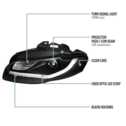 Ronnin - Se adapta a Audi A4 2006-2008 Tubo LED Luces de circulación diurna Mejora de reemplazo Par de faros proyectores halógenos | Negro