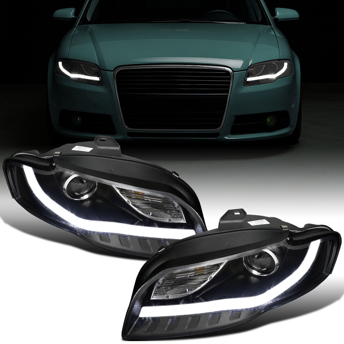 Ronnin - Se adapta a Audi A4 2006-2008 Tubo LED Luces de circulación diurna Mejora de reemplazo Par de faros proyectores halógenos | Negro