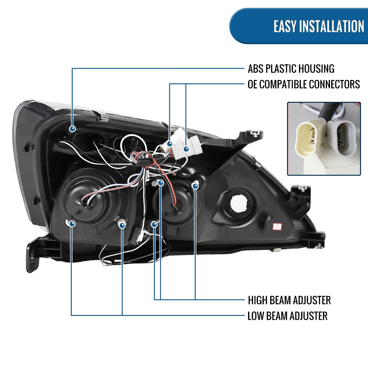 Ronnin - Fits 2003-2007 Honda Accord 2Dr Coupe 4Dr Sedan LED Dual Halo Rims Running Lights Projector Headlights Assembly Pair | Chrome