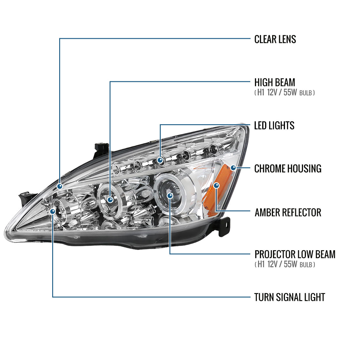 Ronnin - Fits 2003-2007 Honda Accord 2Dr Coupe 4Dr Sedan LED Dual Halo Rims Running Lights Projector Headlights Assembly Pair | Chrome