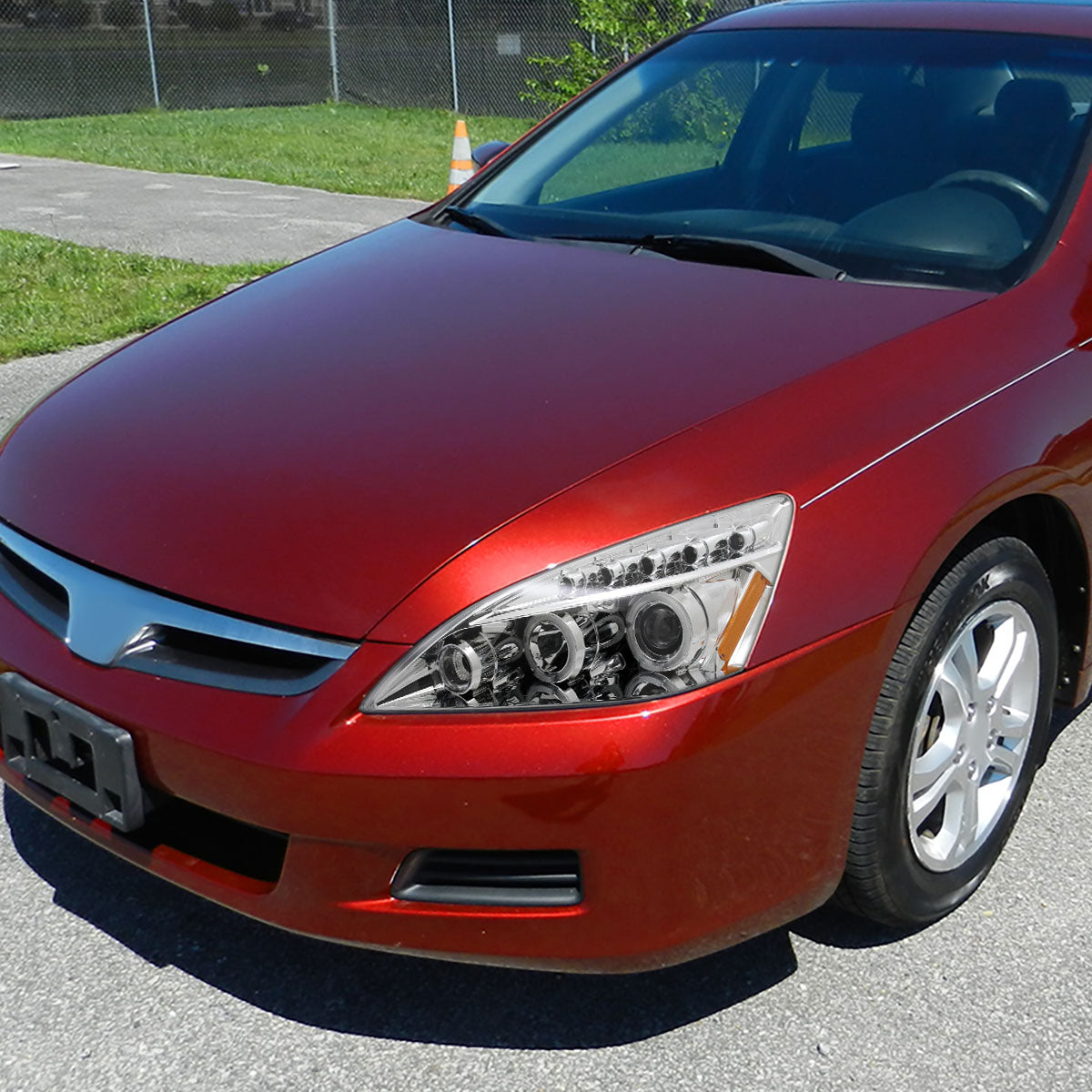 Ronnin - Fits 2003-2007 Honda Accord 2Dr Coupe 4Dr Sedan LED Dual Halo Rims Running Lights Projector Headlights Assembly Pair | Chrome