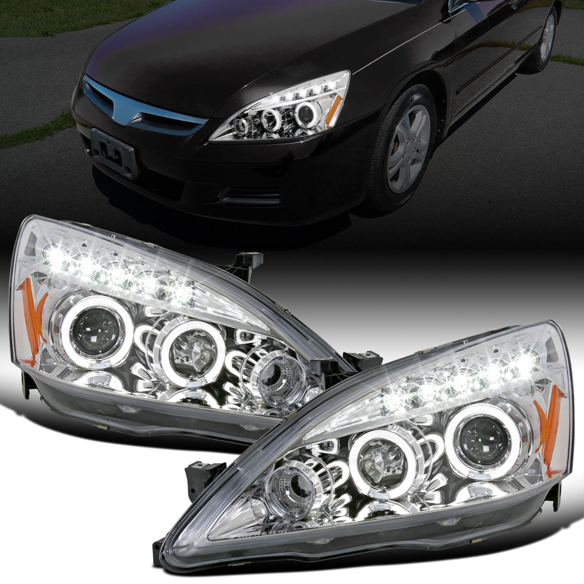 Ronnin - Fits 2003-2007 Honda Accord 2Dr Coupe 4Dr Sedan LED Dual Halo Rims Running Lights Projector Headlights Assembly Pair | Chrome