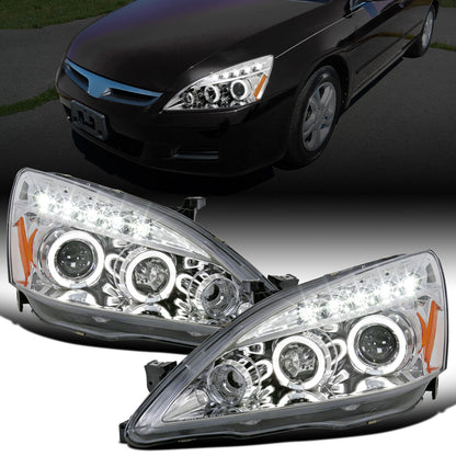 Ronnin - Fits 2003-2007 Honda Accord 2Dr Coupe 4Dr Sedan LED Dual Halo Rims Running Lights Projector Headlights Assembly Pair | Chrome
