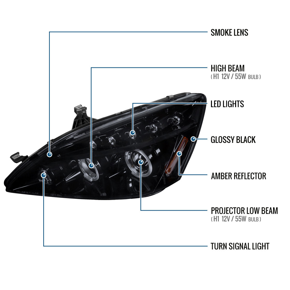 Ronnin - Fits 2003-2007 Honda Accord 2Dr Coupe 4Dr Sedan LED Dual Halo Rims Running Lights Projector Headlights Assembly Pair | Black Smoke