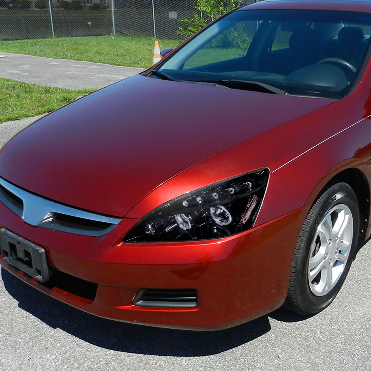 Ronnin - Fits 2003-2007 Honda Accord 2Dr Coupe 4Dr Sedan LED Dual Halo Rims Running Lights Projector Headlights Assembly Pair | Black Smoke