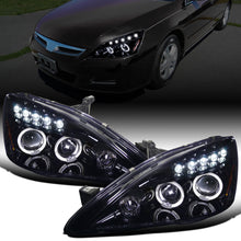 Ronnin - Fits 2003-2007 Honda Accord 2Dr Coupe 4Dr Sedan LED Dual Halo Rims Running Lights Projector Headlights Assembly Pair | Black Smoke