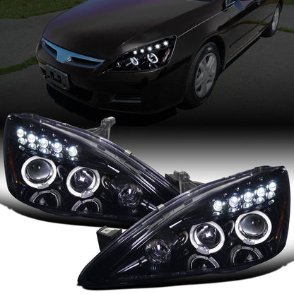 Ronnin - Fits 2003-2007 Honda Accord 2Dr Coupe 4Dr Sedan LED Dual Halo Rims Running Lights Projector Headlights Assembly Pair | Black Smoke