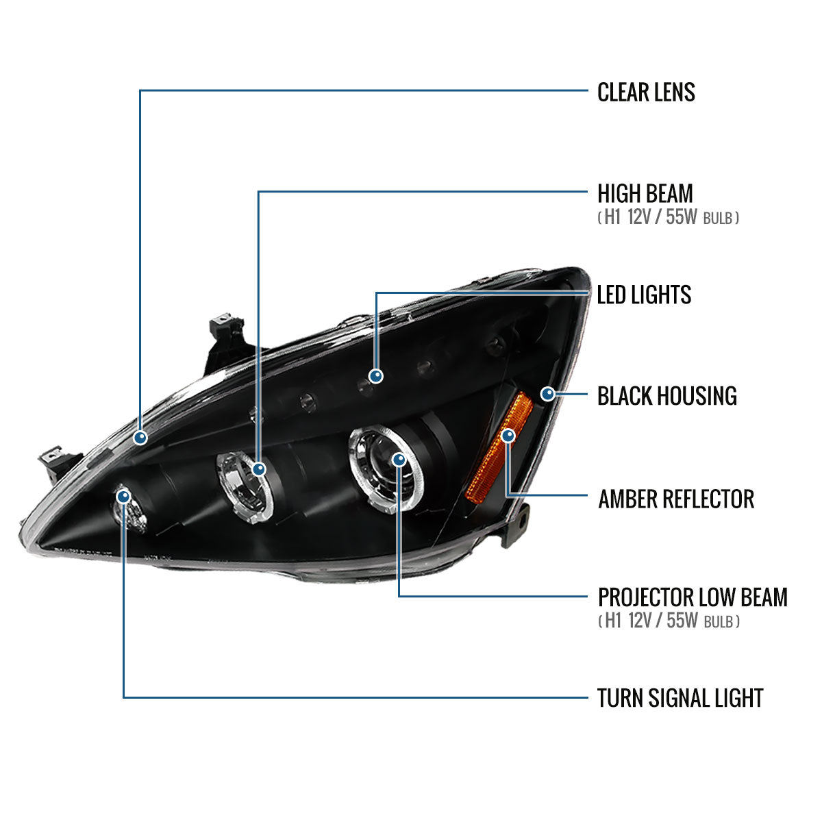 Ronnin - Fits 2003-2007 Honda Accord 2Dr Coupe 4Dr Sedan LED Dual Halo Rims Running Lights Projector Headlights Assembly Pair | Black