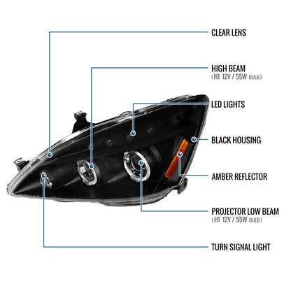 Ronnin - Fits 2003-2007 Honda Accord 2Dr Coupe 4Dr Sedan LED Dual Halo Rims Running Lights Projector Headlights Assembly Pair | Black