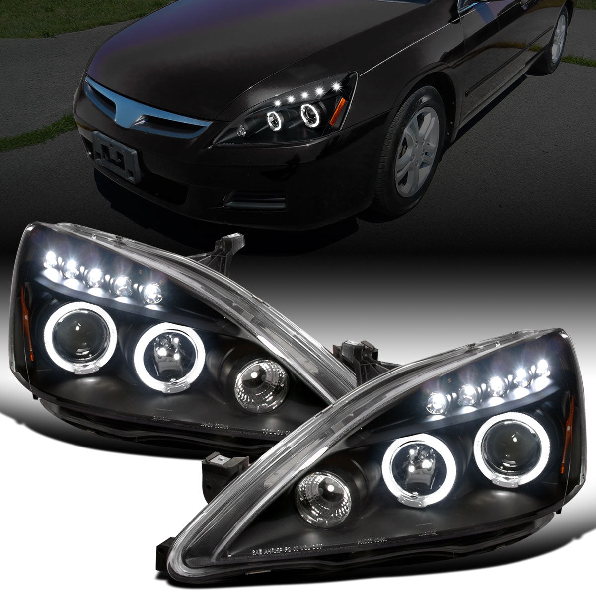 Ronnin - Fits 2003-2007 Honda Accord 2Dr Coupe 4Dr Sedan LED Dual Halo Rims Running Lights Projector Headlights Assembly Pair | Black