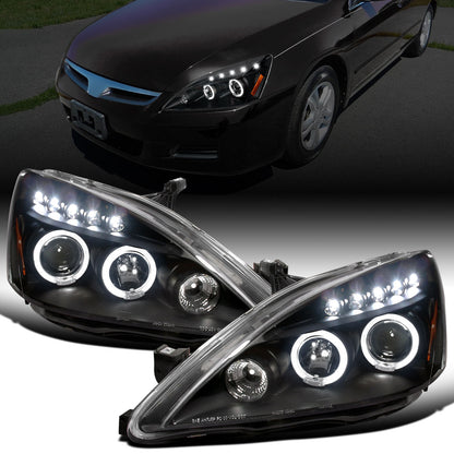 Ronnin - Fits 2003-2007 Honda Accord 2Dr Coupe 4Dr Sedan LED Dual Halo Rims Running Lights Projector Headlights Assembly Pair | Black