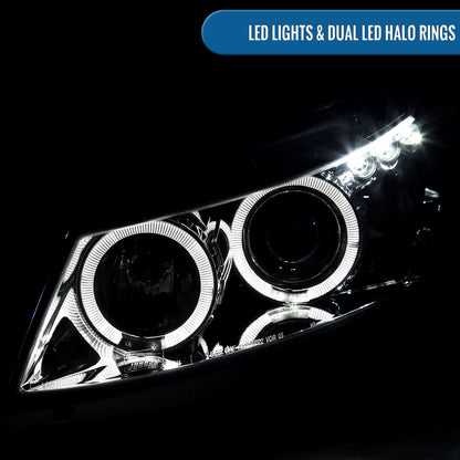 Ronnin - Fits 2008-2012 Honda Accord 2Dr Coupe LED Dual Halo Rims Running Lights Projector Headlights Assembly Pair | Chrome