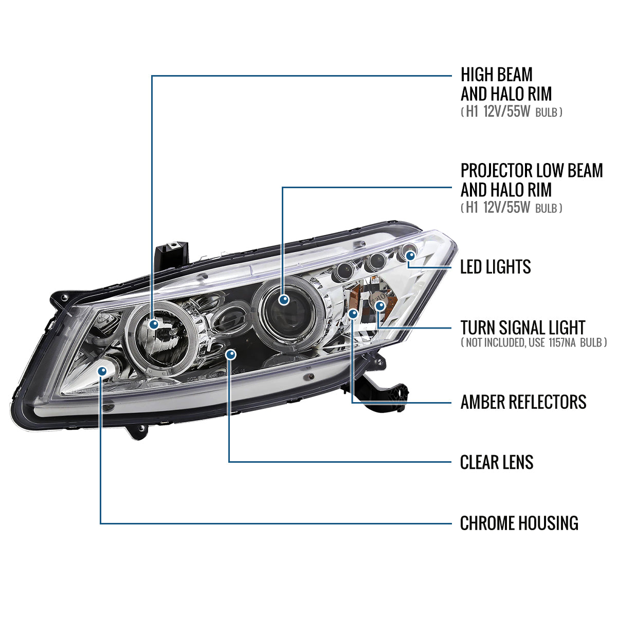 Ronnin - Fits 2008-2012 Honda Accord 2Dr Coupe LED Dual Halo Rims Running Lights Projector Headlights Assembly Pair | Chrome