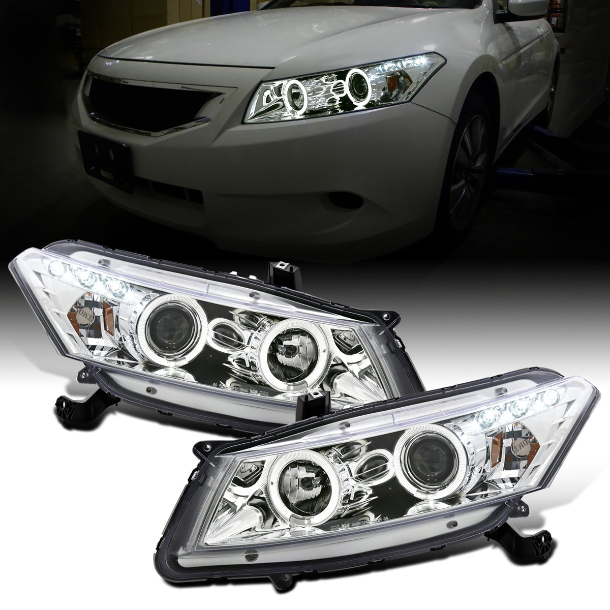 Ronnin - Fits 2008-2012 Honda Accord 2Dr Coupe LED Dual Halo Rims Running Lights Projector Headlights Assembly Pair | Chrome