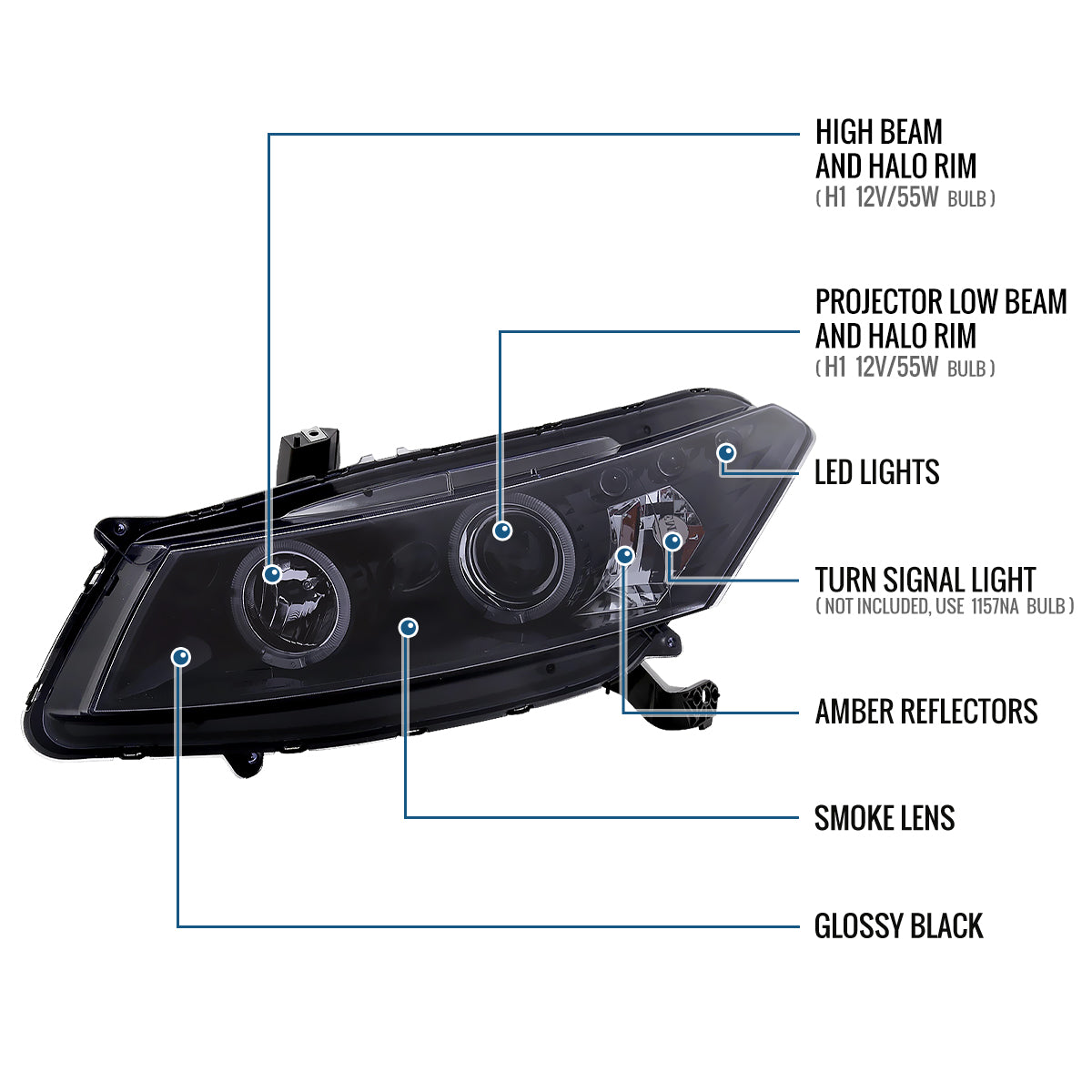 Ronnin - Fits 2008-2012 Honda Accord 2Dr Coupe LED Dual Halo Rims Running Lights Projector Headlights Assembly Pair | Black Smoke