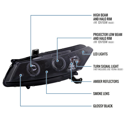 Ronnin - Fits 2008-2012 Honda Accord 2Dr Coupe LED Dual Halo Rims Running Lights Projector Headlights Assembly Pair | Black Smoke