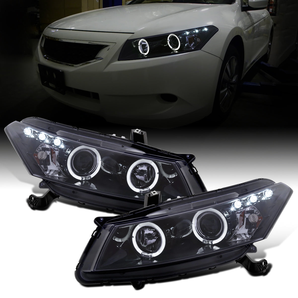 Ronnin - Fits 2008-2012 Honda Accord 2Dr Coupe LED Dual Halo Rims Running Lights Projector Headlights Assembly Pair | Black Smoke