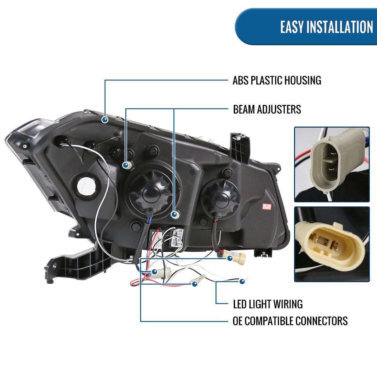 Ronnin - Se adapta a Honda Accord Coupe de 2 puertas 2008-2012, par de faros delanteros con proyector de luces de marcha, aros dobles de halo LED | Negros