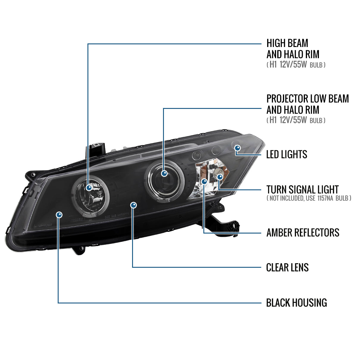 Ronnin - Fits 2008-2012 Honda Accord 2Dr Coupe LED Dual Halo Rims Running Lights Projector Headlights Assembly Pair | Black