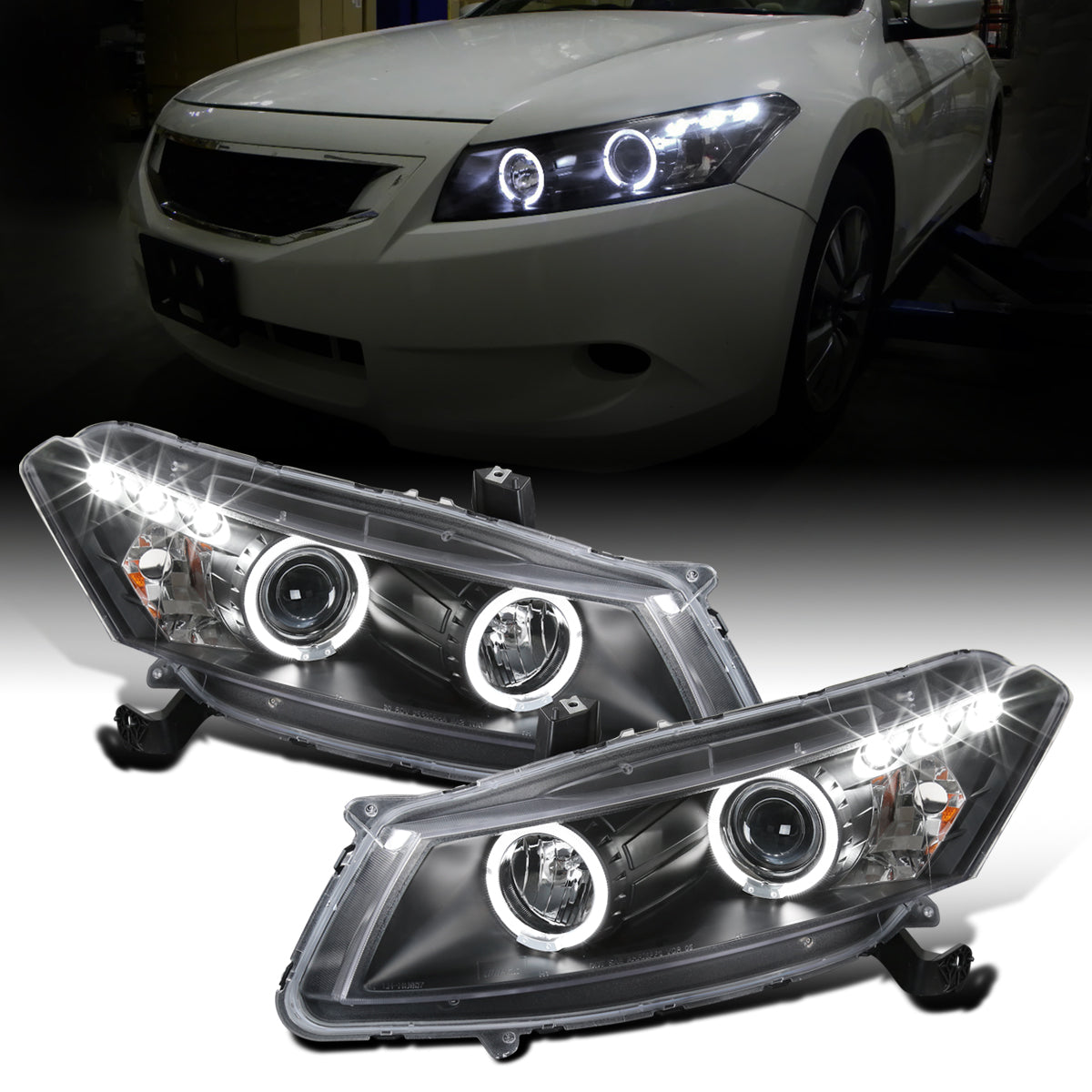 Ronnin - Fits 2008-2012 Honda Accord 2Dr Coupe LED Dual Halo Rims Running Lights Projector Headlights Assembly Pair | Black