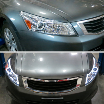 Ronnin - Fits 2008-2012 Honda Accord 4Dr Sedan Projector Headlights Integrated Bright LED Strip Running Lights and Turn Signal Assembly Pair | Chrome