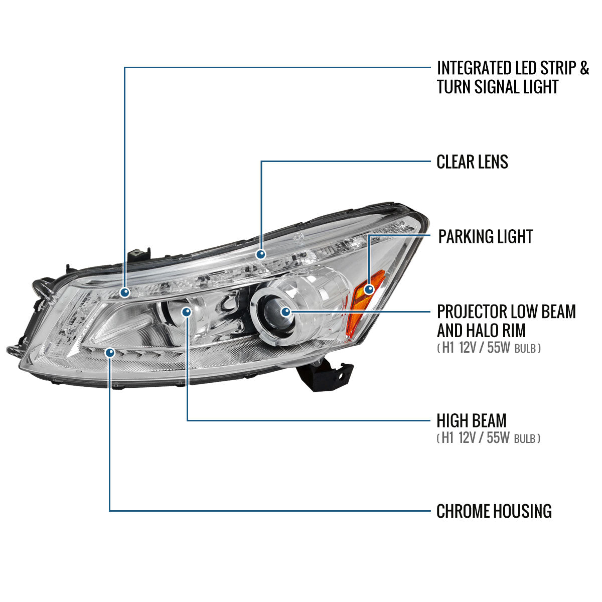 Ronnin - Fits 2008-2012 Honda Accord 4Dr Sedan Projector Headlights Integrated Bright LED Strip Running Lights and Turn Signal Assembly Pair | Chrome