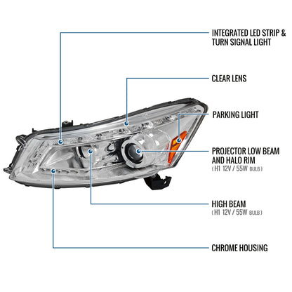 Ronnin - Fits 2008-2012 Honda Accord 4Dr Sedan Projector Headlights Integrated Bright LED Strip Running Lights and Turn Signal Assembly Pair | Chrome