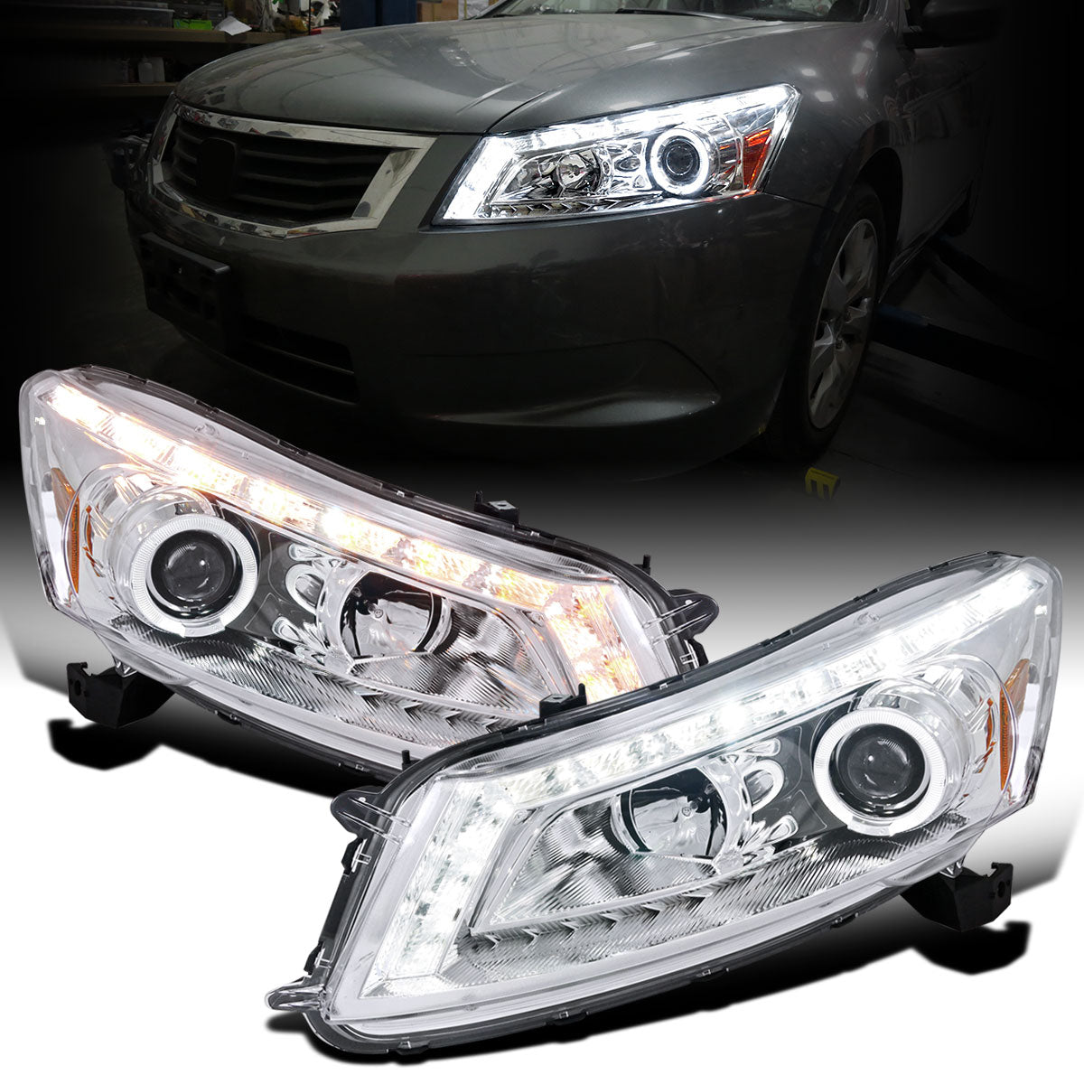 Ronnin - Fits 2008-2012 Honda Accord 4Dr Sedan Projector Headlights Integrated Bright LED Strip Running Lights and Turn Signal Assembly Pair | Chrome