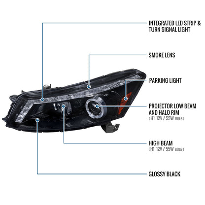 Ronnin - Fits 2008-2012 Honda Accord 4Dr Sedan Projector Headlights Integrated Bright LED Strip Running Lights and Turn Signal Assembly Pair | Black Smoke