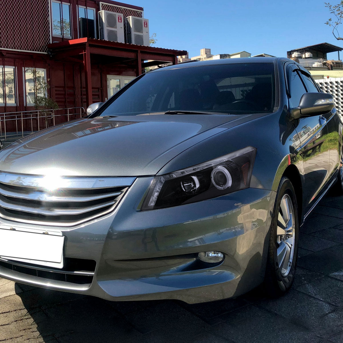 Ronnin - Fits 2008-2012 Honda Accord 4Dr Sedan Projector Headlights Integrated Bright LED Strip Running Lights and Turn Signal Assembly Pair | Black Smoke