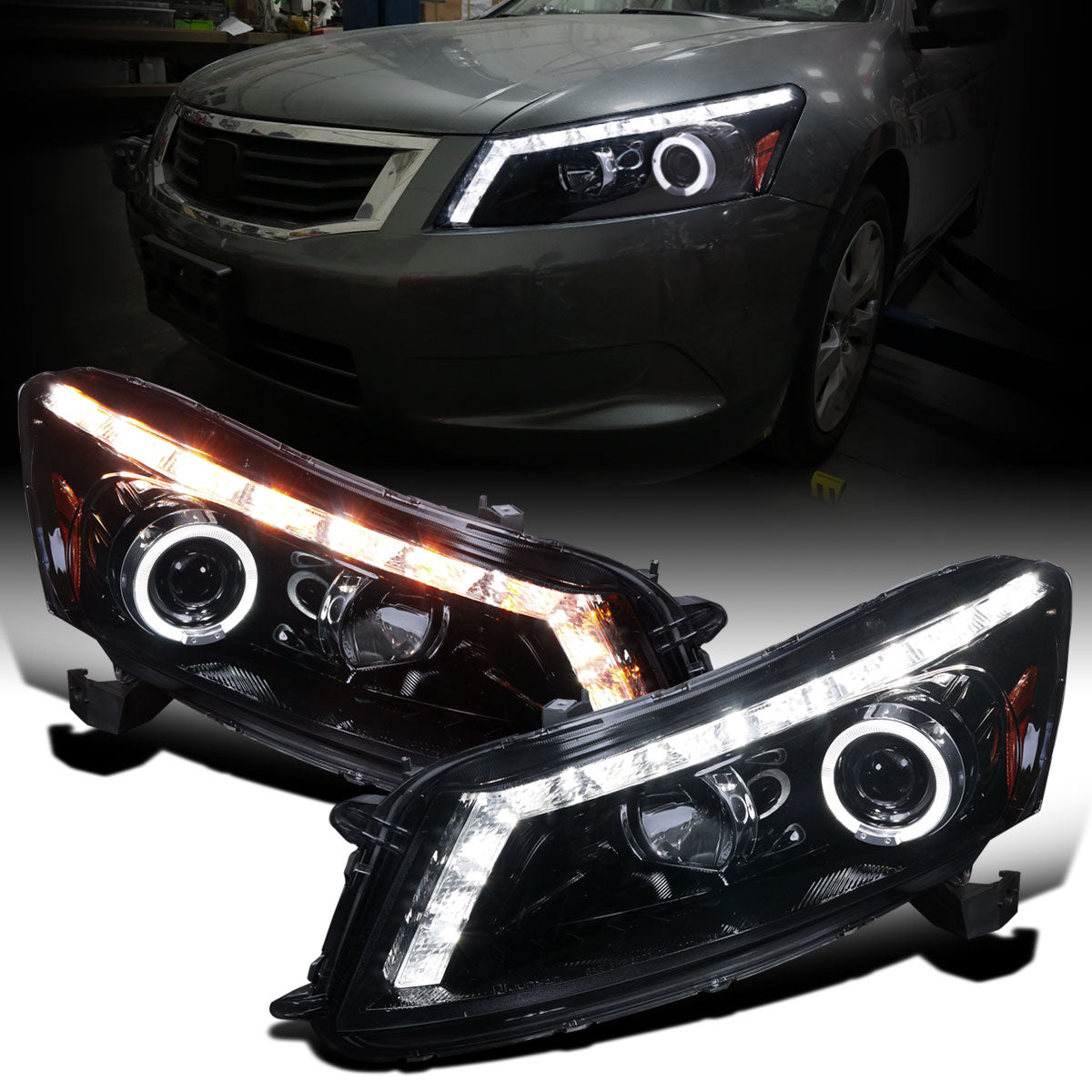 Ronnin - Fits 2008-2012 Honda Accord 4Dr Sedan Projector Headlights Integrated Bright LED Strip Running Lights and Turn Signal Assembly Pair | Black Smoke