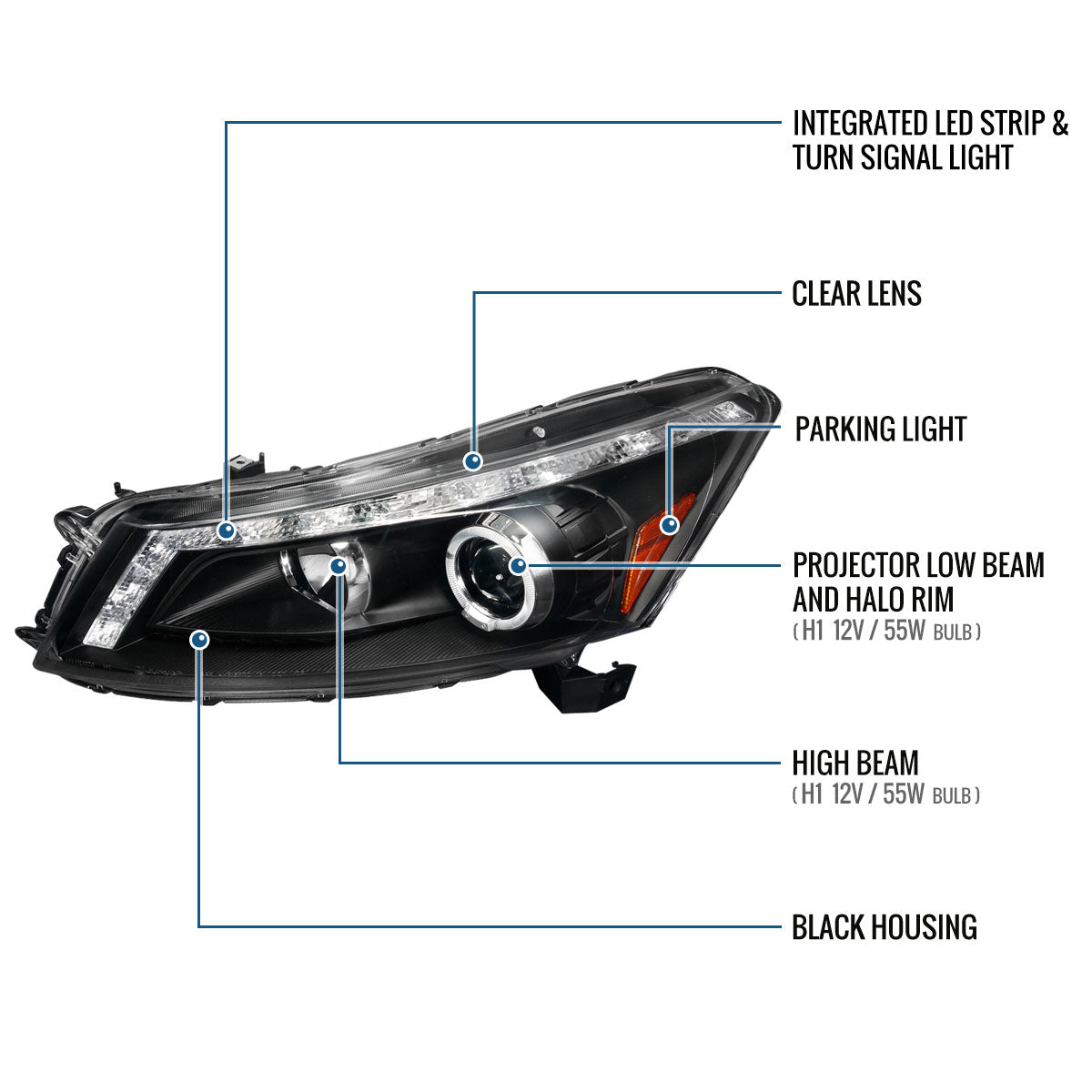 Ronnin - Fits 2008-2012 Honda Accord 4Dr Sedan Projector Headlights Integrated Bright LED Strip Running Lights and Turn Signal Assembly Pair | Black