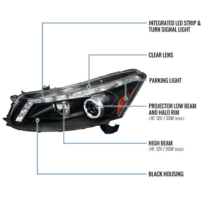Ronnin - Fits 2008-2012 Honda Accord 4Dr Sedan Projector Headlights Integrated Bright LED Strip Running Lights and Turn Signal Assembly Pair | Black