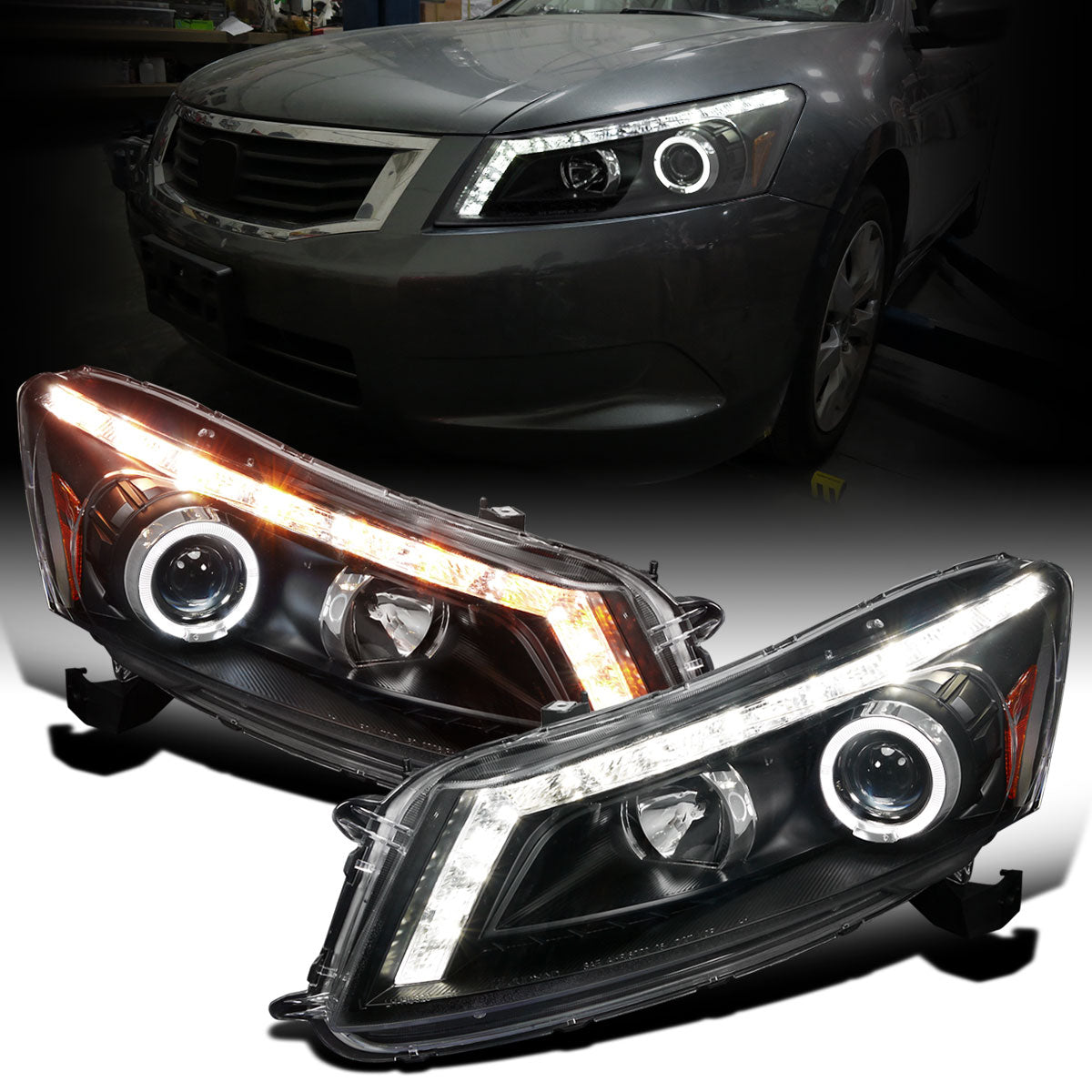 Ronnin - Fits 2008-2012 Honda Accord 4Dr Sedan Projector Headlights Integrated Bright LED Strip Running Lights and Turn Signal Assembly Pair | Black