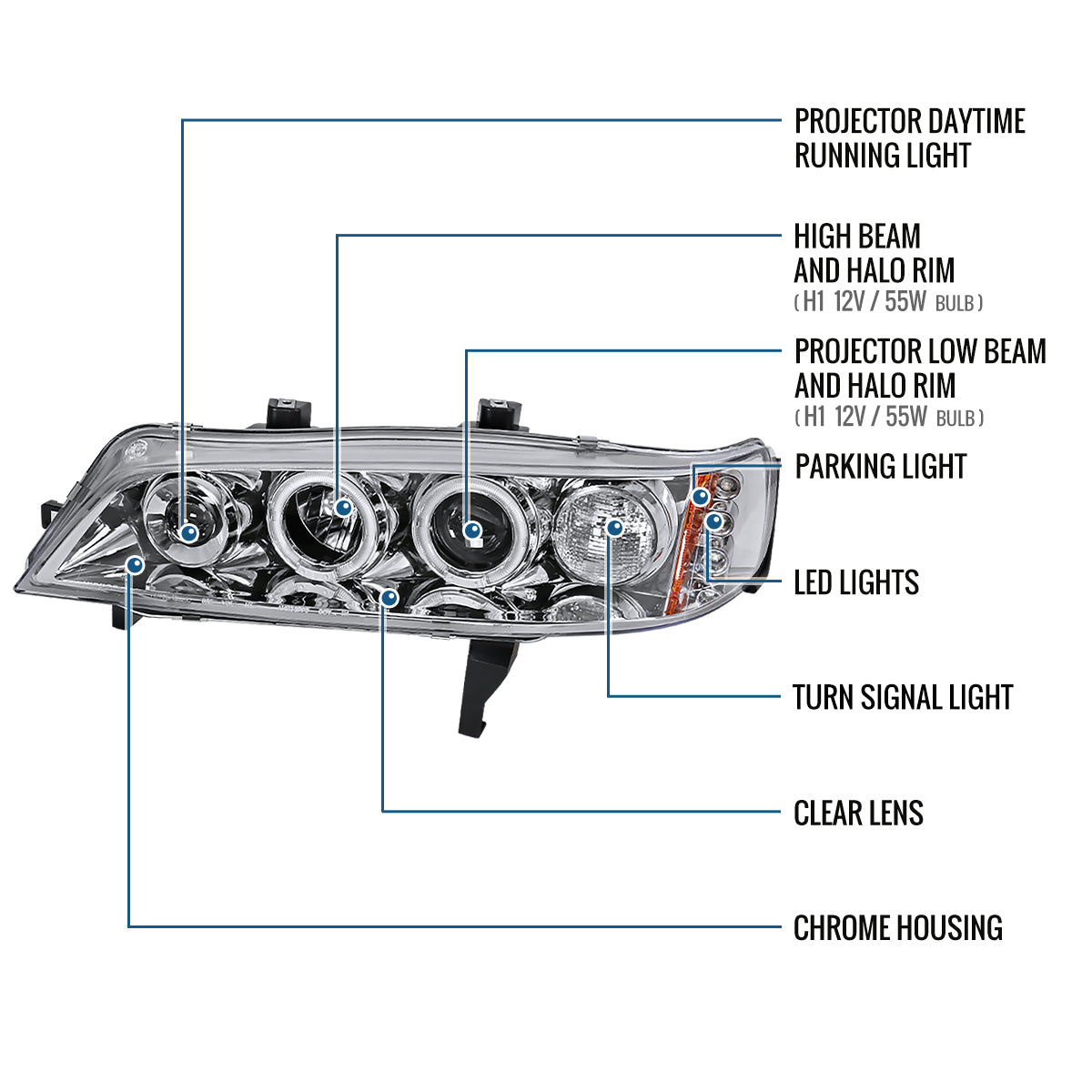 Ronnin - Compatible con Honda Accord Sedán Coupé 1994-1997 Mejora de Reemplazo Faros Delanteros de Proyector LED de Doble Borde Ensamblaje Par | Cromado