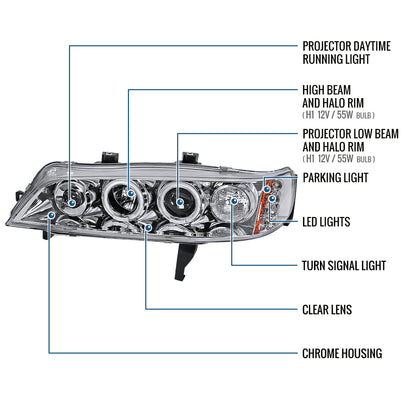 Ronnin - Compatible con Honda Accord Sedán Coupé 1994-1997 Mejora de Reemplazo Faros Delanteros de Proyector LED de Doble Borde Ensamblaje Par | Cromado