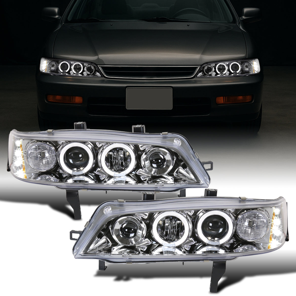 Ronnin - Compatible con Honda Accord Sedán Coupé 1994-1997 Mejora de Reemplazo Faros Delanteros de Proyector LED de Doble Borde Ensamblaje Par | Cromado
