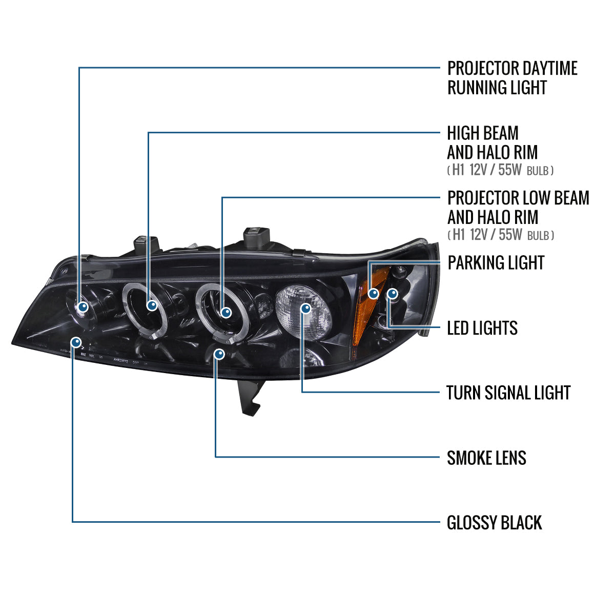 Ronnin - Se adapta a Honda Accord Sedán Coupé 1994-1997 Mejora Reemplazo LED con Aros Dobles Faro Proyector Par | Negro Humo