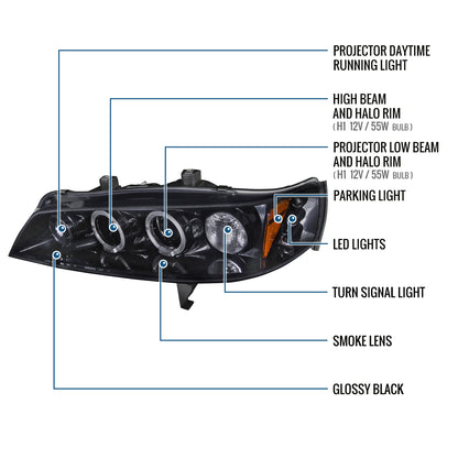 Ronnin - Se adapta a Honda Accord Sedán Coupé 1994-1997 Mejora Reemplazo LED con Aros Dobles Faro Proyector Par | Negro Humo