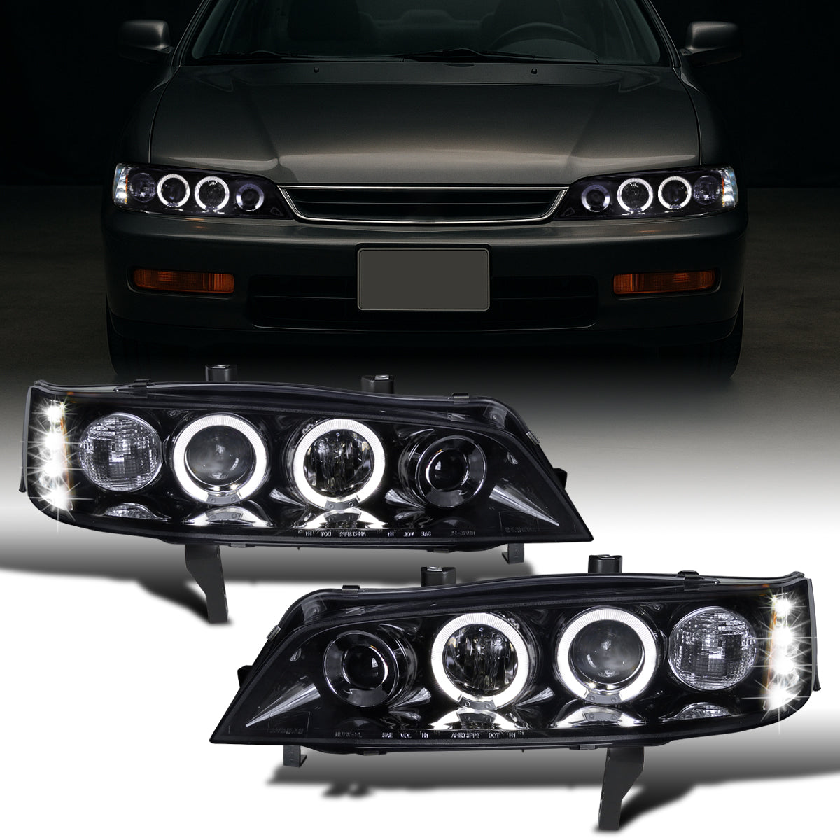 Ronnin - Se adapta a Honda Accord Sedán Coupé 1994-1997 Mejora Reemplazo LED con Aros Dobles Faro Proyector Par | Negro Humo