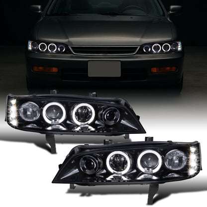 Ronnin - Se adapta a Honda Accord Sedán Coupé 1994-1997 Mejora Reemplazo LED con Aros Dobles Faro Proyector Par | Negro Humo