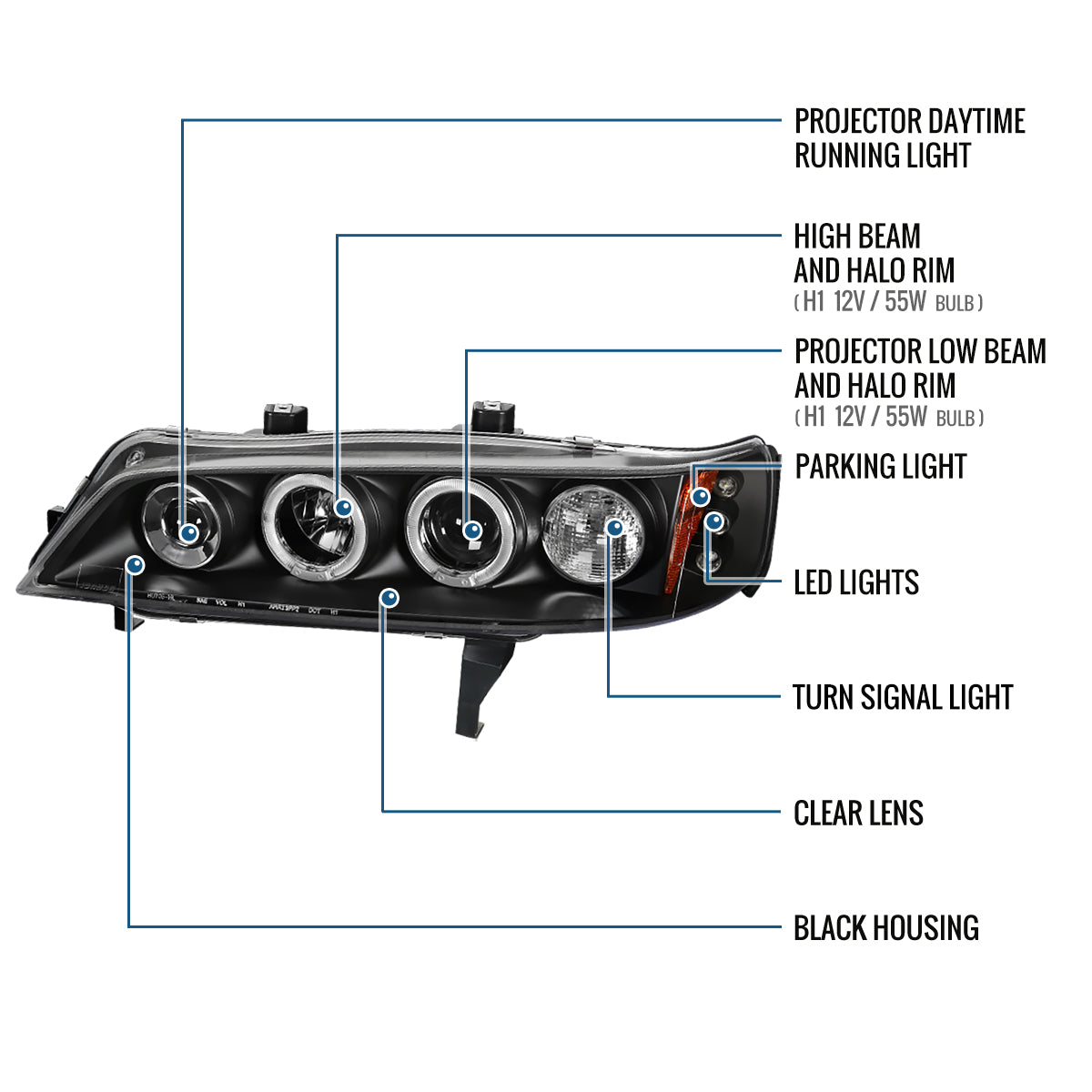 Ronnin - Compatible con Honda Accord Sedán Coupé 1994-1997 Mejora de Reemplazo Faros Delanteros Proyectores LED de Doble Aro (Par) | Negro