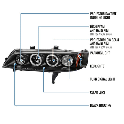 Ronnin - Compatible con Honda Accord Sedán Coupé 1994-1997 Mejora de Reemplazo Faros Delanteros Proyectores LED de Doble Aro (Par) | Negro